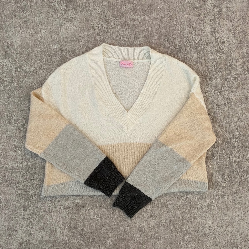 Pink Lily Colorblock V-Neck Sweater (S)